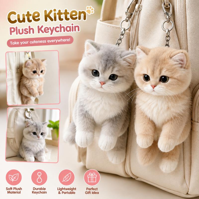 Cute Cartoon Kitten Pendant Cat Keychain Metal Clip Furry Texture Soft Realistic Kitten Shape Bag Charm Animal Keychain Gift