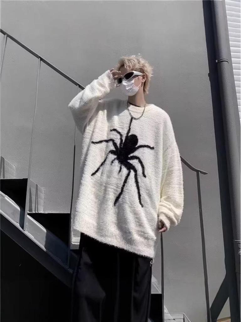 Unisex Plus Size American Retro Spider Sweater - High Street Autumn/Winter Style Mink Velvet Loose Knitwear