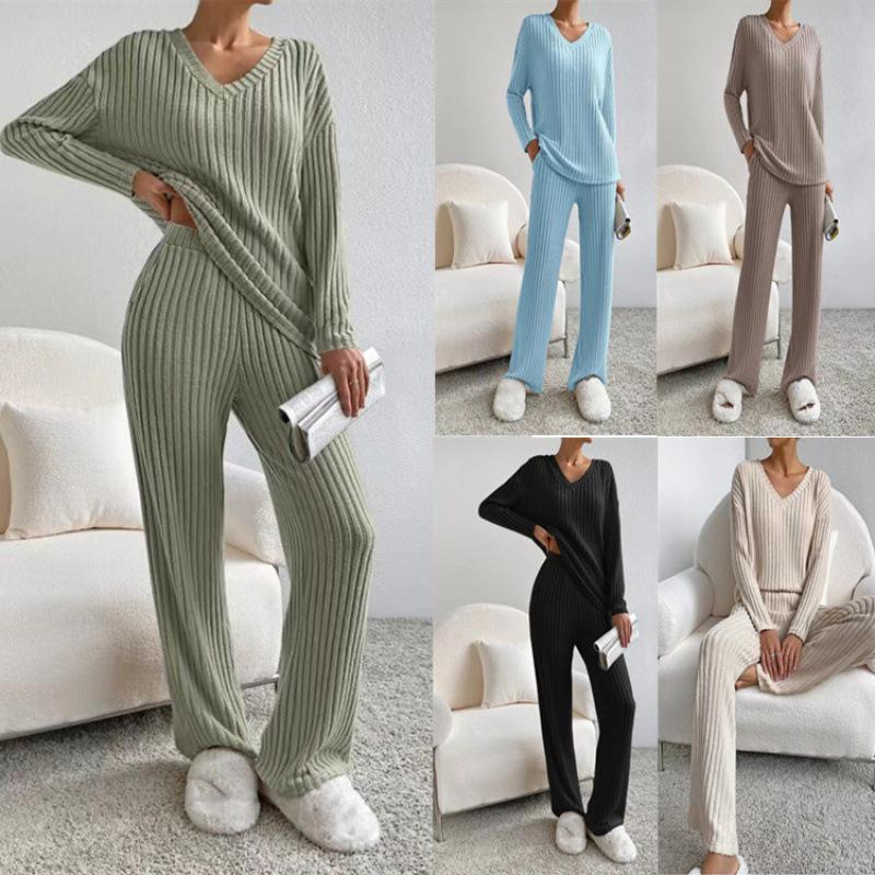 European & American Autumn/Winter Two-Piece Set: V-Neck Ribbed Knit & Casual Straight-Leg Pants