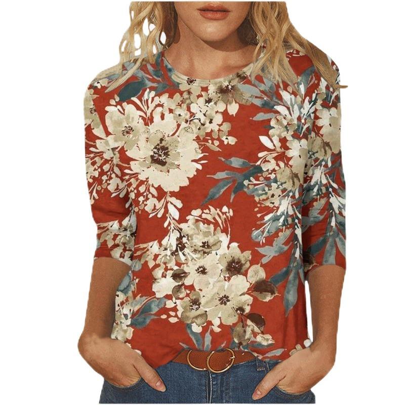 Women's T-shirt 3d Print Vintage Floral Print Casual Long Sleeve Round Neck Regular Tops Daily Print Pink, Spring and Autumn