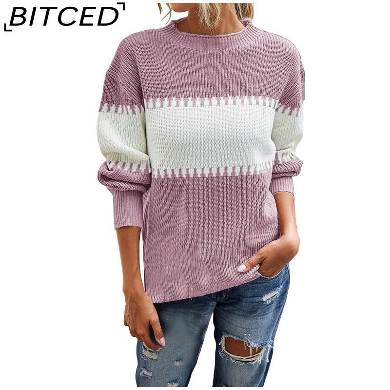 BITCED Color-Block Striped Sweater with Lantern Sleeves Women's O-Neck Top in European Style