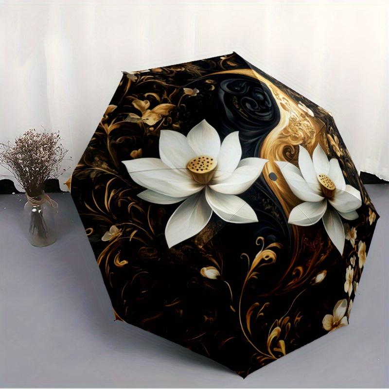 Elegant Floral & Yin-Yang Design Automatic Folding Umbrella, 8-Rib Durable Frame, for Outdoor Use - Ideal Holiday Gift, Outdoo