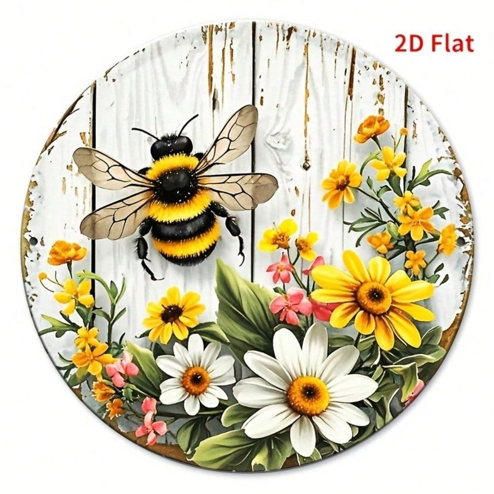 Rustikales Bienen- und Blumen-Metallwandkunstschild, 20 cm Landhausstil Heim- und Bürodekoration Plakette