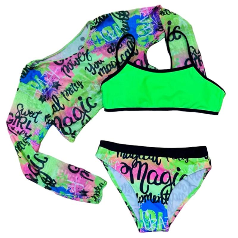 7-12 let Děti Dívky Graffiti Plavky Dlouhý Rukáv Top s Vysokým Pasem Podprsenka a Kalhotky 3ks