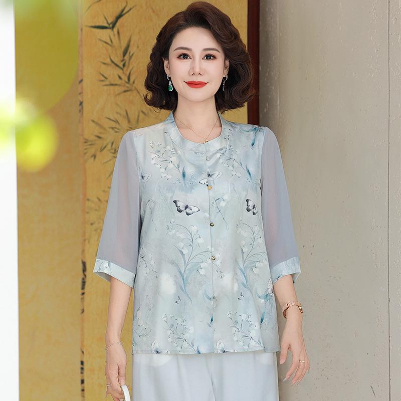 

2026 Chinese Style Summer Short-Sleeved Shirts for Middle-Aged & Elderly Women 2XL (recommended 100-115 jin) светло-синий