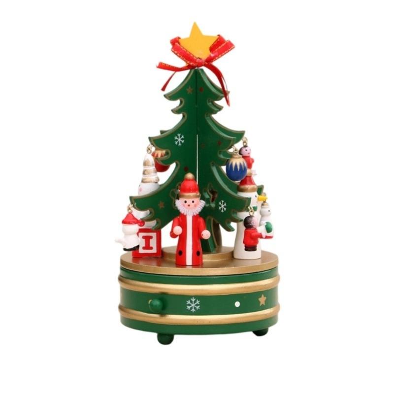 

Handcrafted Wooden Rotating Music Box Christmas Tree with Figurines Ornaments For Festives Home Tabletop Shelf Decors зелёный