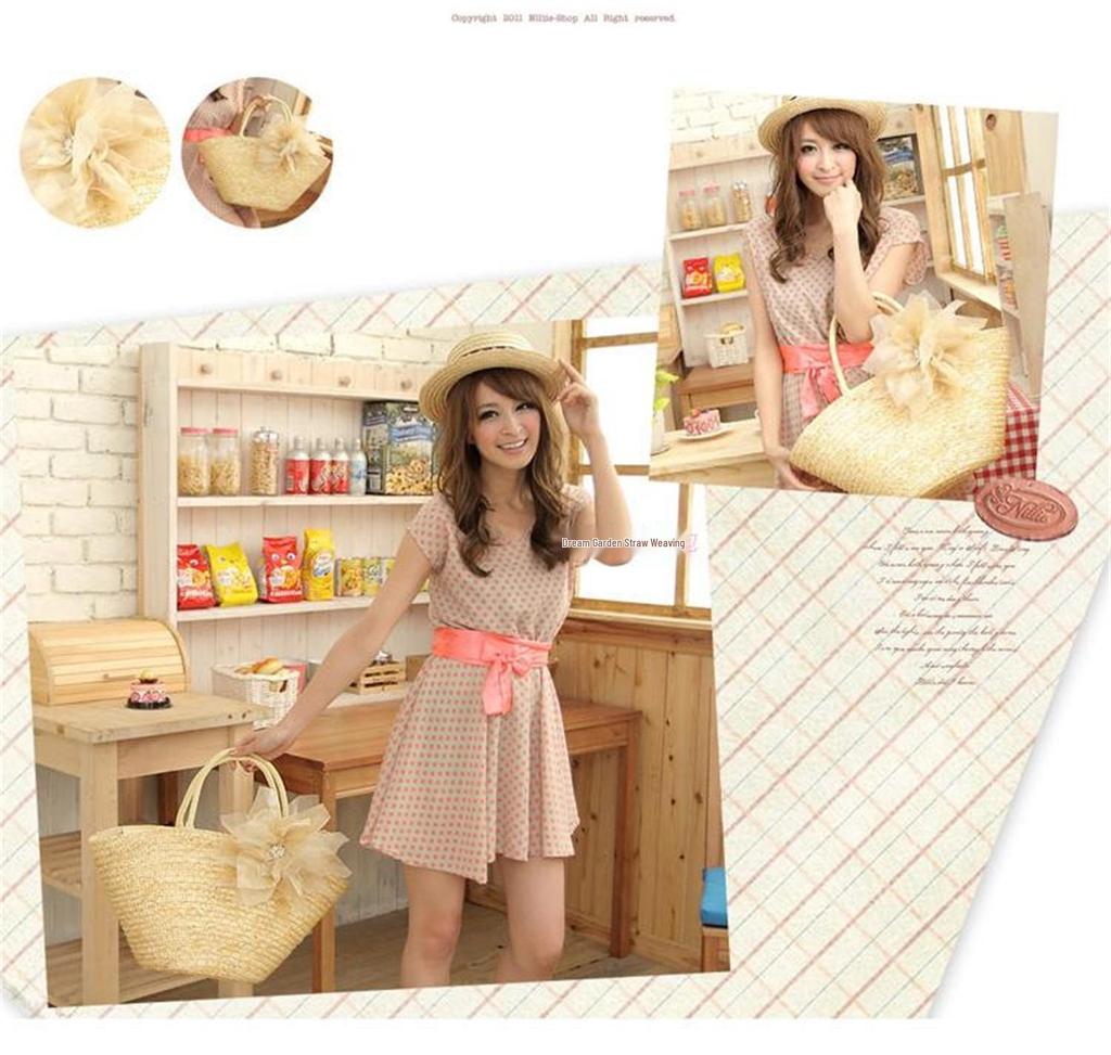 Pastoral Silk Floral Woven Beach Bag for Women's Seaside Vacations