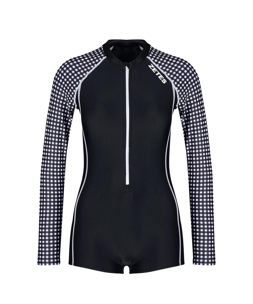 Jeteseu Women'S All-In-One Long Sleeve One-Part Suit Swimsuit Black Check L_4A028