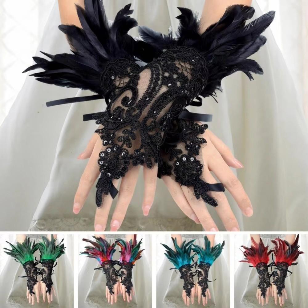 Retro Sequins Feather Lace Gloves Gothic Women Halloween Arm Sleeves Halloween Feather Gloves  Ball