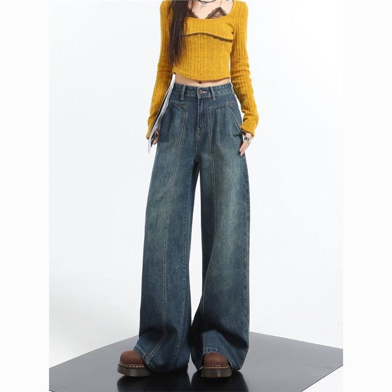 

Women s Retro High-Waist Wide-Leg Jeans - Slimming, Versatile, Plus Size, Floor-Length Large синій