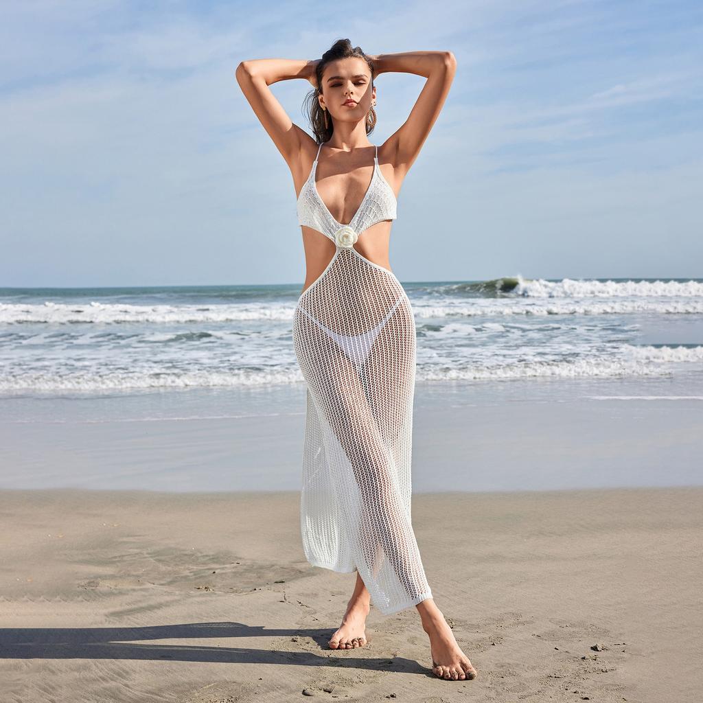 Beach Skirt Women Solid Color Sexy Knitted Beach Bikini Swimsuit Hoodie Dress