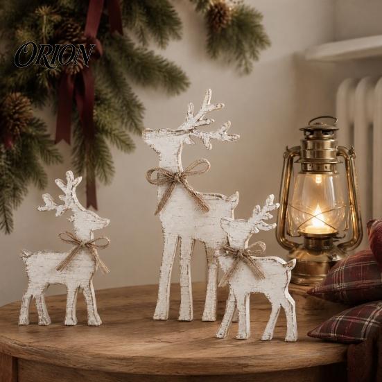 Christmas Elk Tabletop Decor 3Pcs/Set Wooden Table Sign, Rustic Reindeer Family Decoration, Decorative Sign Jute Rope Bow Centerpiece for Xmas Holiday