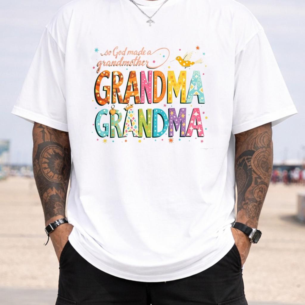Grandmother Colorful Text Graphic Men's Crewneck T-Shirt Soft Cotton Loose Fit Gift Tee