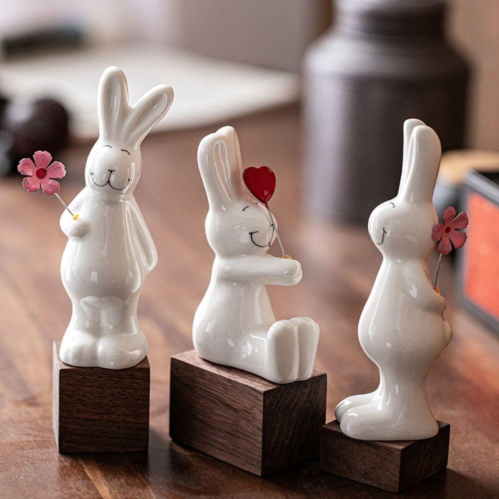 3pcs Cute Couple Rabbit Figurine Ceramic Bunny Statue Animal Sculpture Christmas