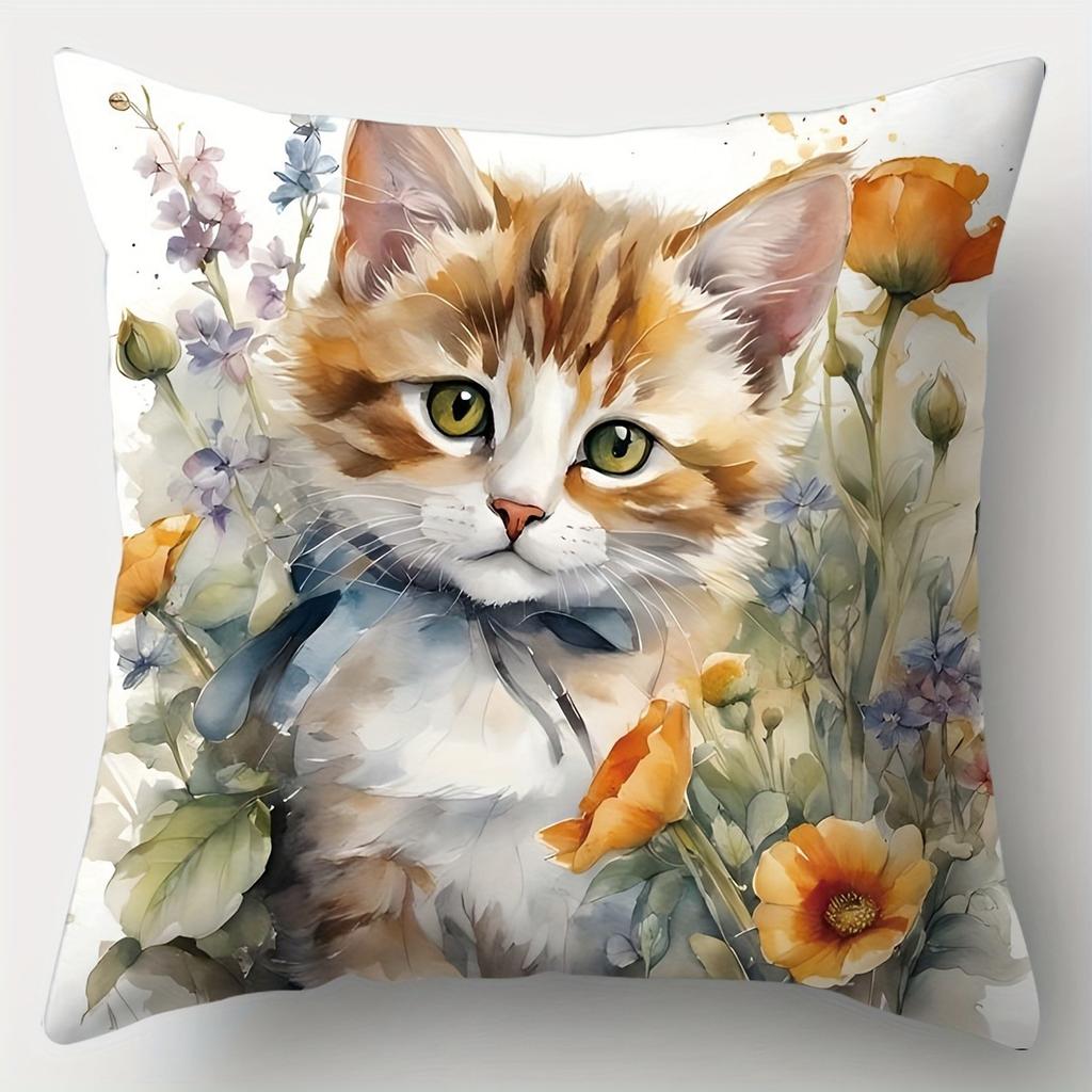 Home Decor Cute Kittens With Butterflies Floral Pillow Covers Pattern Cushion Cover Suitable For Sofa Bedroom Car Pillow Cover