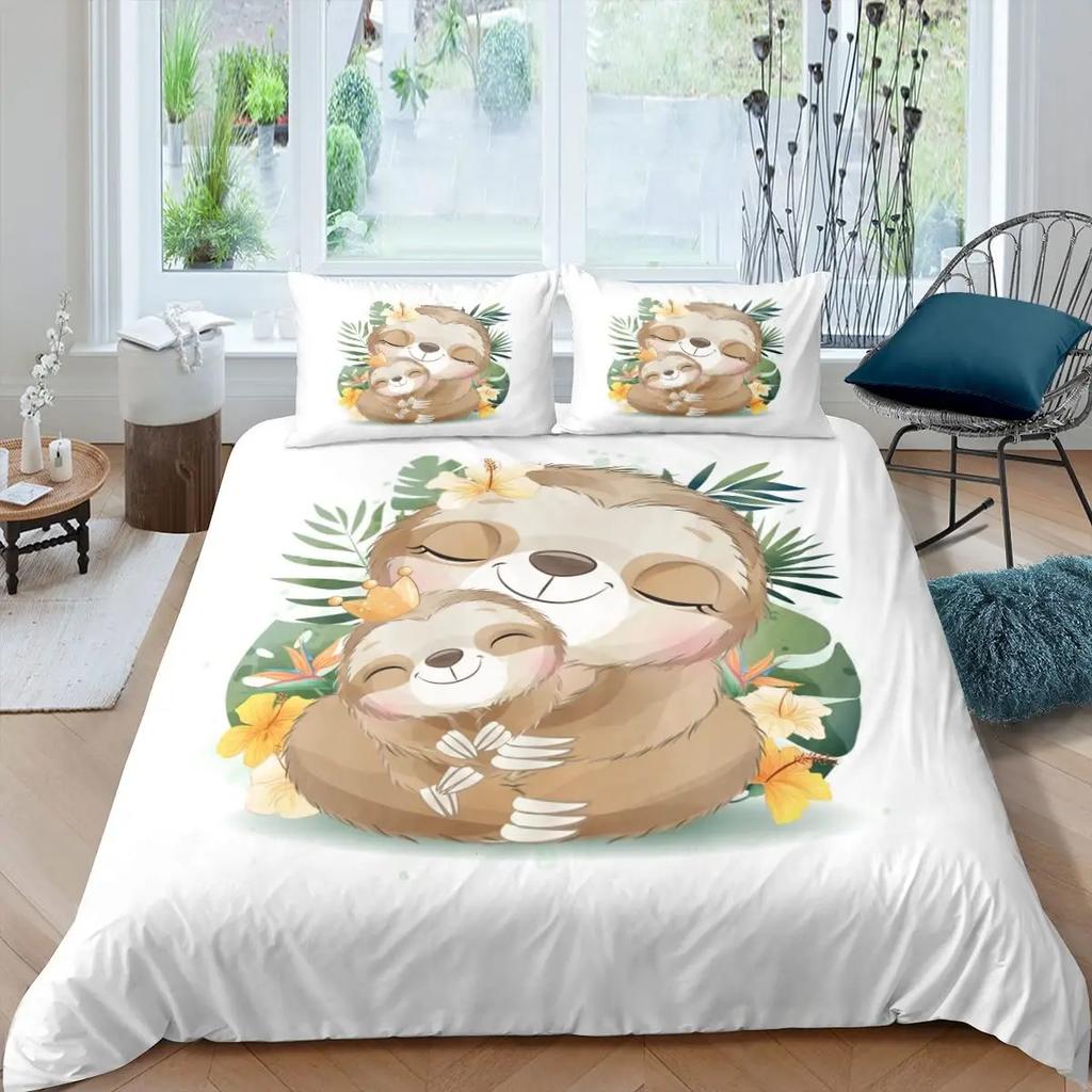 Cartoon Sloth King Queen Duvet Cover Kids Cute Animal Bedding Set Bathtub Decor Blue Comforter Cover Soft Polyester Quilt Cover