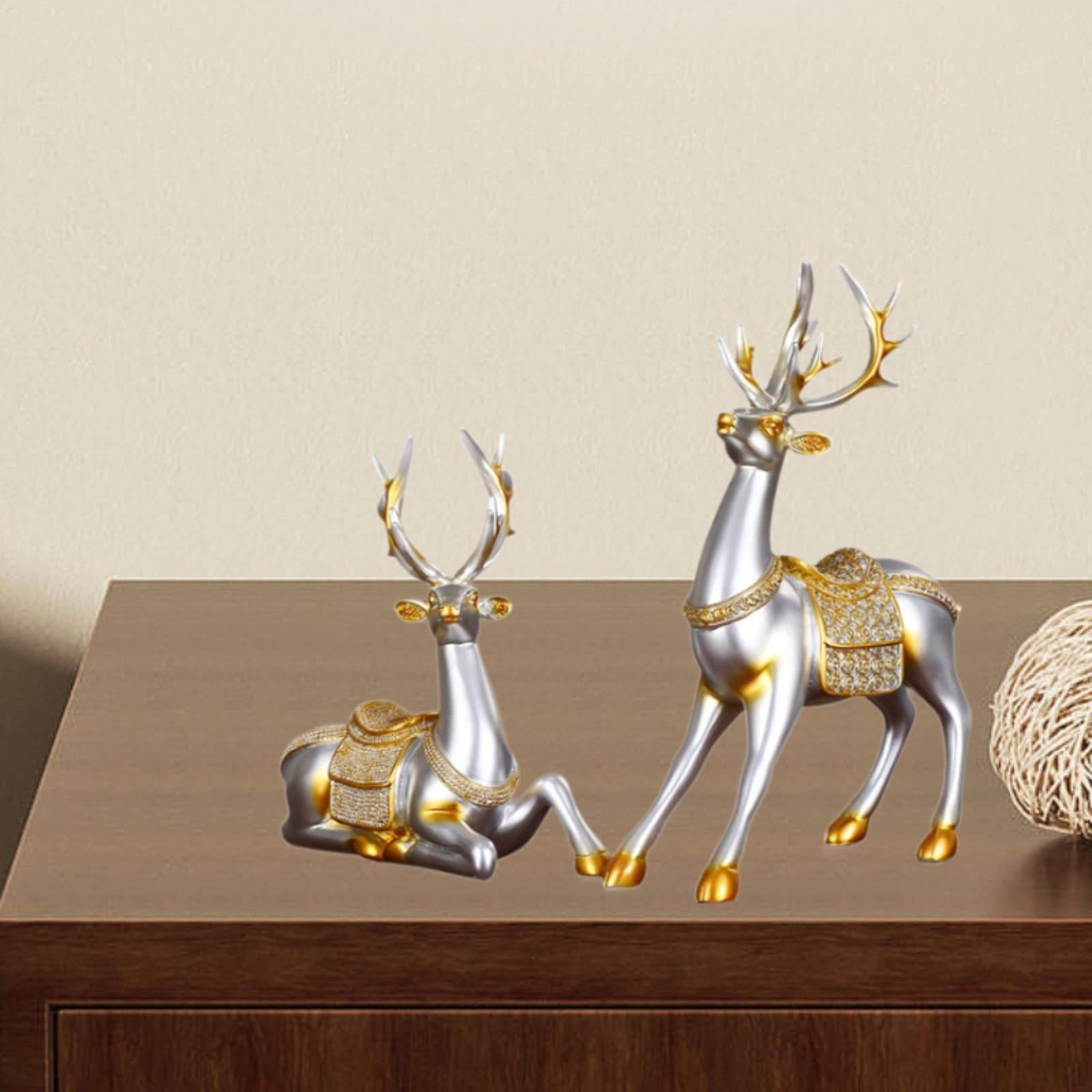 

2 Pieces Reindeer Figurines,Resin Sitting Standing Deer Statues Nordic Sculpture,Deer Ornaments for Sliver