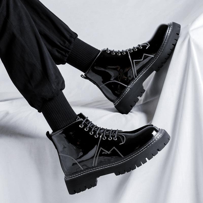 

мужские повседневные ботинки на платформе черные трендовые туфли из лакированной кожи для вечеринки, выпускного вечера, ковбойские ботильоны, весенне-осенние короткие ботинки 270 чёрный