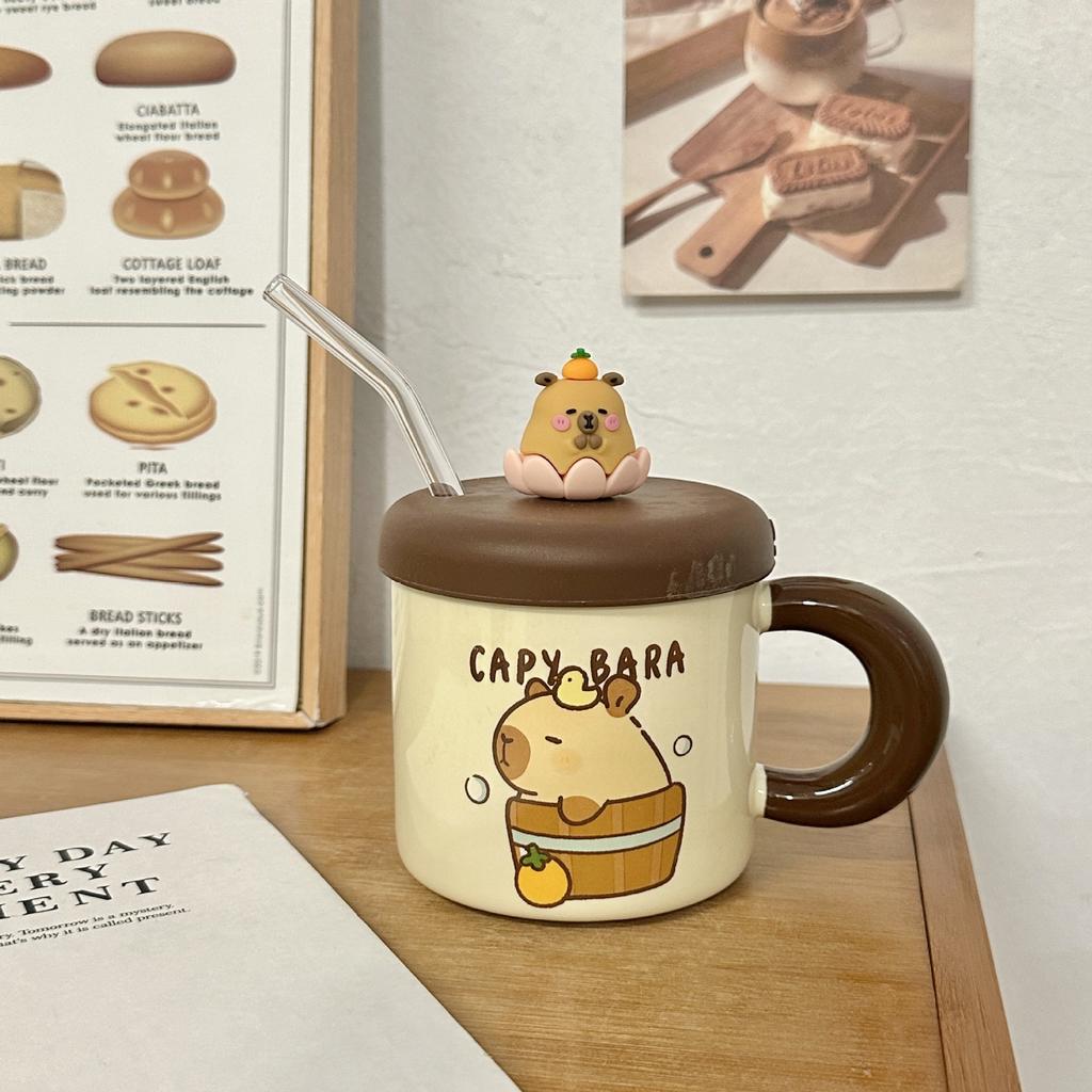 Ceramic Cup with Lid and Straw Water Cup Cute Kapibala Mug High Looking Girl's Home Coffee Cup