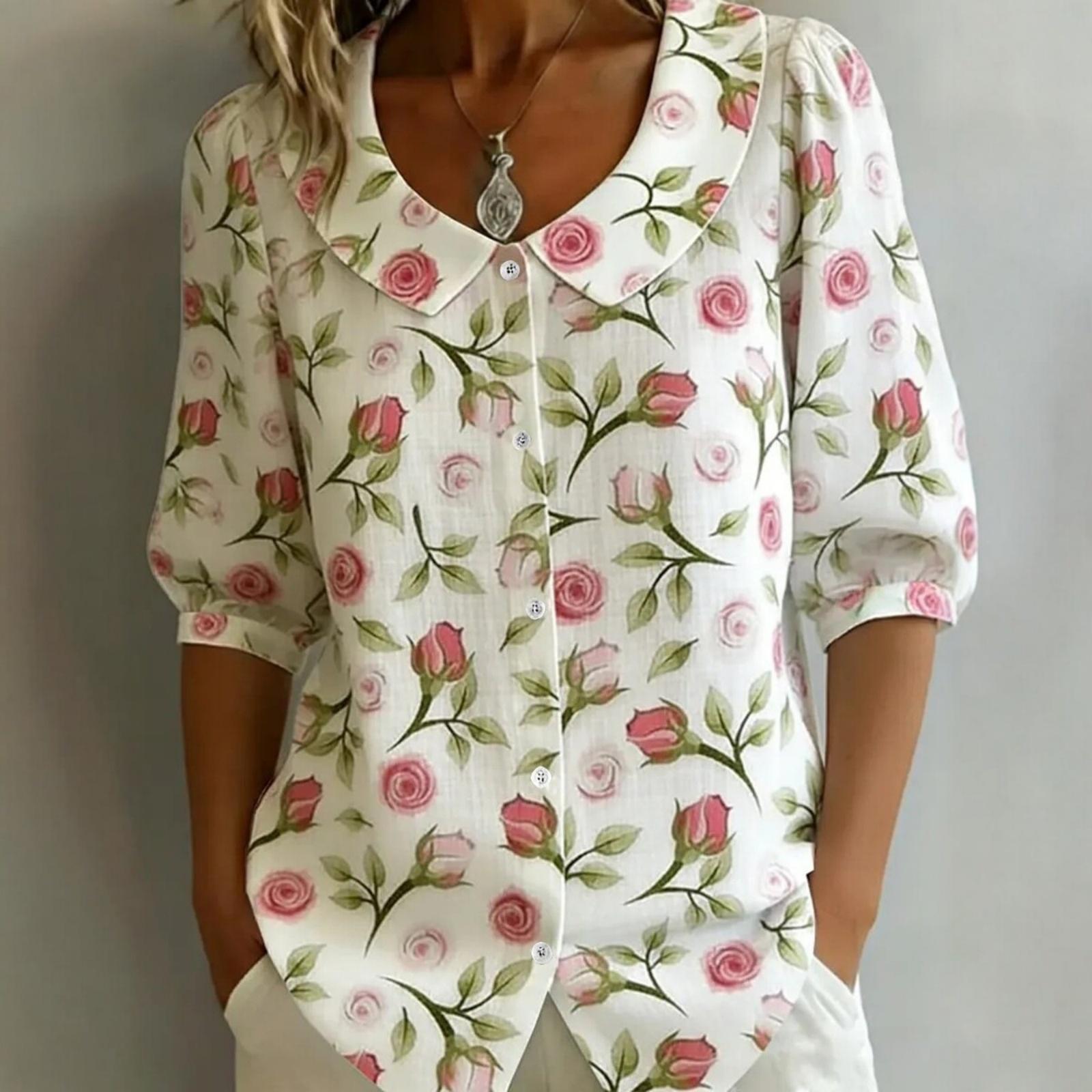 

Women Loose Fit Puff Sleeve Floral Print Blouse with Collar Button Down Casual Shirt Top XXL білий
