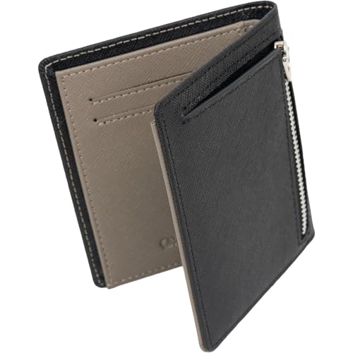 

Dom Teporna Men s Bifold Wallet, Slim, Compact, Small, Slim, Large Capacity (12 Cards), Saffiano Leather, Coin Purse, Bill Compartment, Two-Tone Black