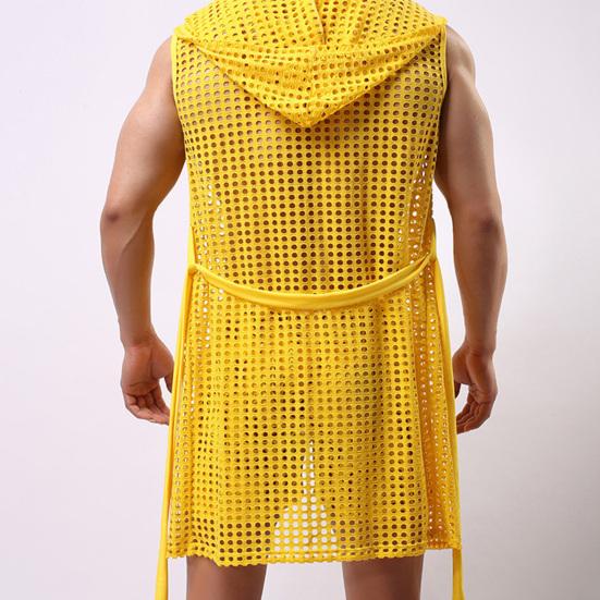 Männer Sexy Nachthemd mit Kapuze Ärmellos Einfarbig Aushöhlen Mesh Loungewear Schnürung Nacht Robe