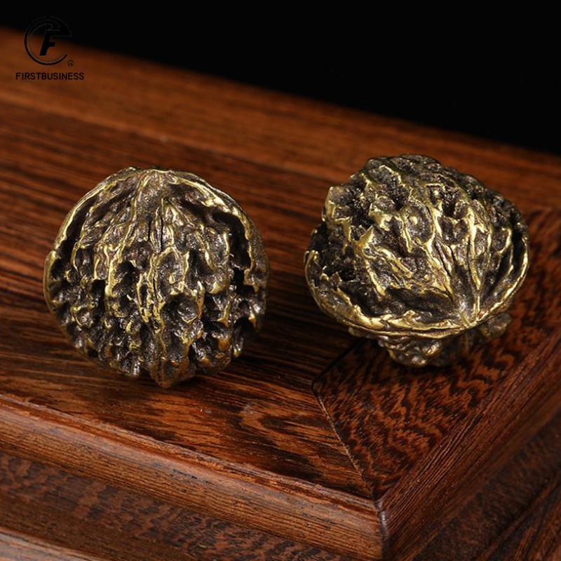 A Pair Vintage Copper Solid Walnut Handle Ball Elderly Health Care Ball Hand Ball Health Exercise Ball Stress Relief for Oldman