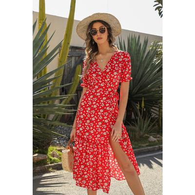 Kadın Moda Yaz Bahar Çiçek Desen Baskı Kısa Kollu V Yaka Yüksek Bel Günlük Elbiseler