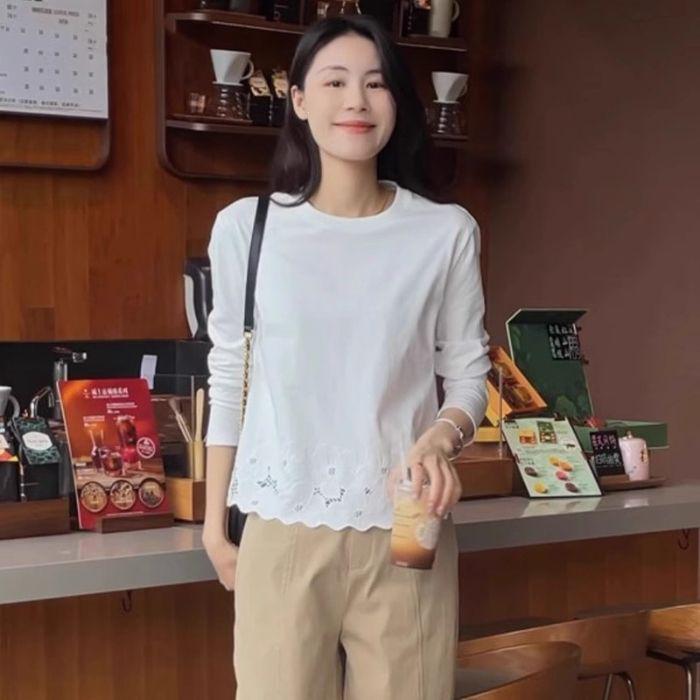 Korean Style Round Neck Casual Lace Slim Long Sleeve Top L белый