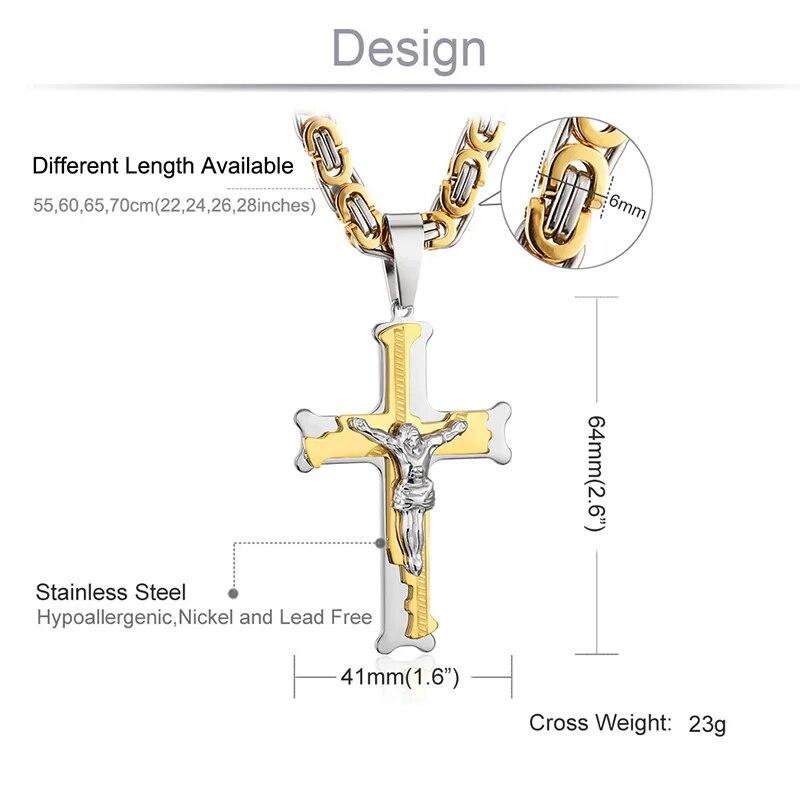 Fish Bone Pattern Cross Pendant Necklace Men Stainless Steel Crucifix Jesus Link Byzantine Chain Necklace Catholic Jewelry Gift