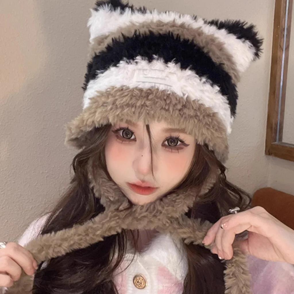 Čepice s kočičíma ušima s kontrastním pruhem, ručně háčkovaná plyšová čepice beanie pro ženy, roztomilá ochrana uší, hřejivá čepice z imitace norkové vlny na zimu