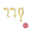 Sterling Evil Eye Octagram Moon Stud Hoop Earring Set With Cubic Zirconia Pearl Women