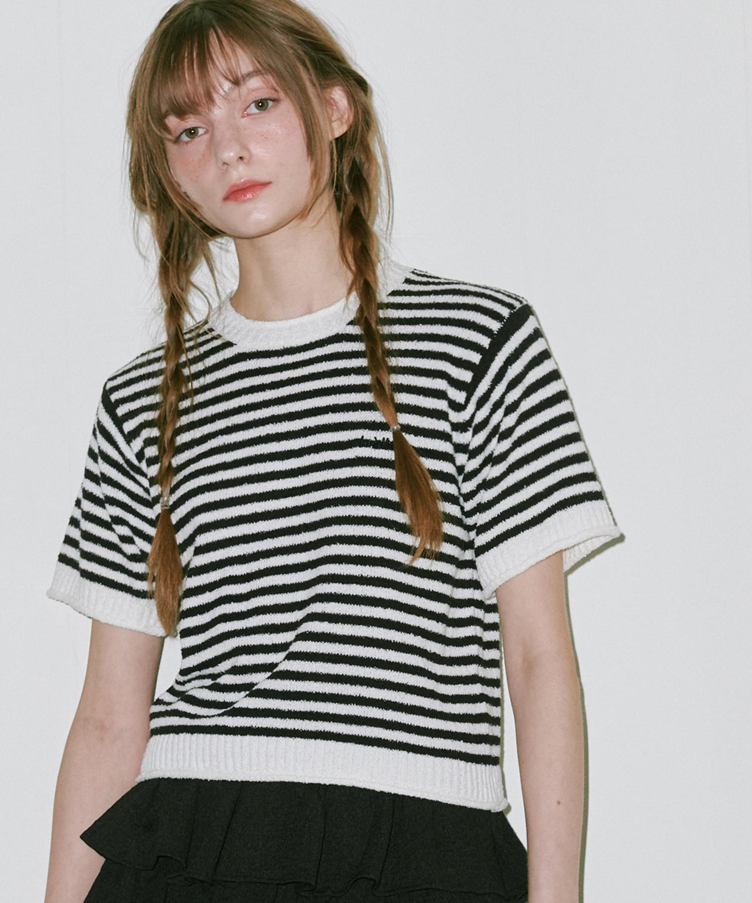 Belloel Round Stripe Half Sleeve Knit Black Free