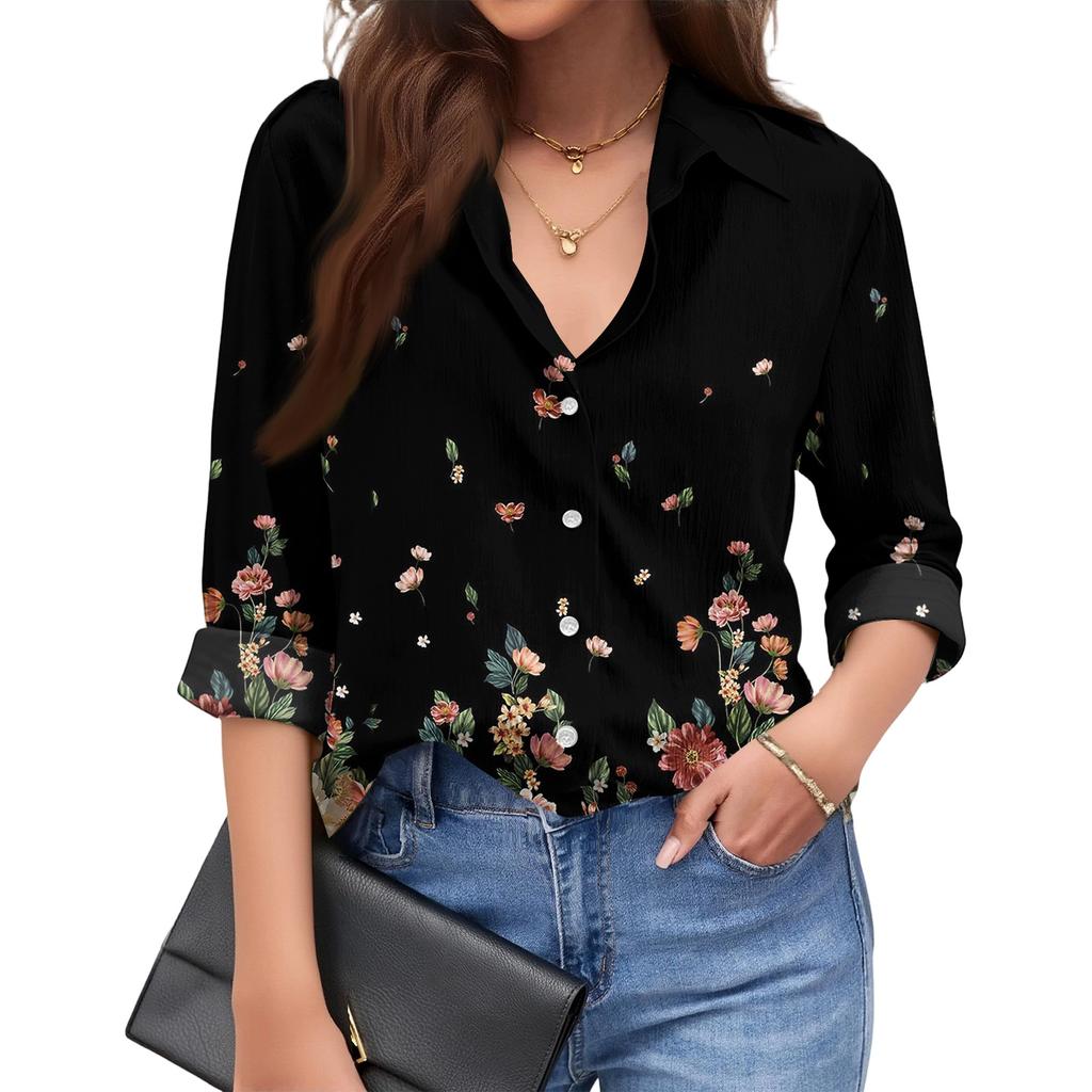 Women's Fashionable Casual Loose Floral Print Long,sleeved Shirt