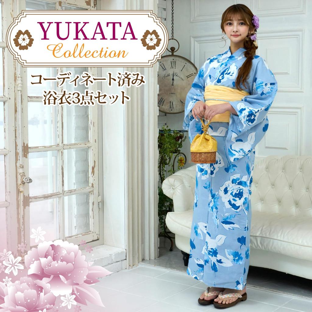 RAVIR Yukata White and Blue Bold Floral Fluffy Obi and Geta One Size Fits All Women's 3-Piece Set, Contrast, Pattern, Belt, Sandals, Blue,