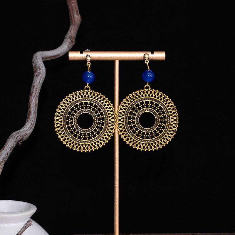 Retro Ethnic Style Round Hollow Pendant Earrings Women'S Simple Temperament Advanced Sense Earrings Atmospheric Fashion Ear Jewelry