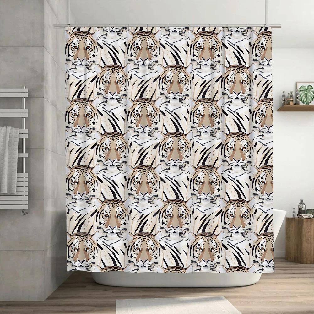 Modern Black White Tiger Print Shower Curtain Waterproof Bathroom Decor for Kids Room Home Decoration