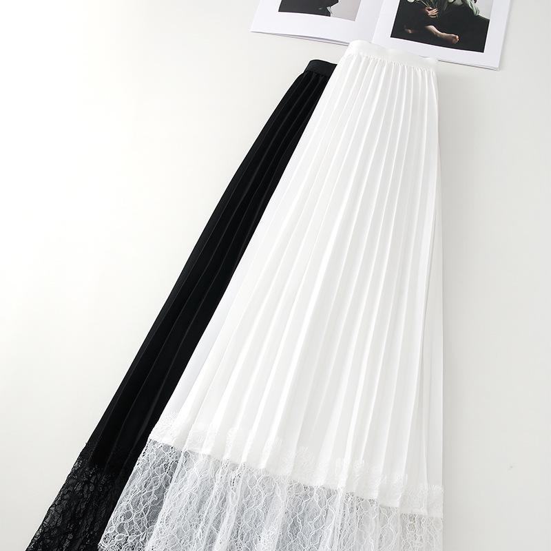 Women’s High Waist White Mesh Pleated A-Line Skirt with Lace Patchwork, Mid-Length, Summer 2025 Collection