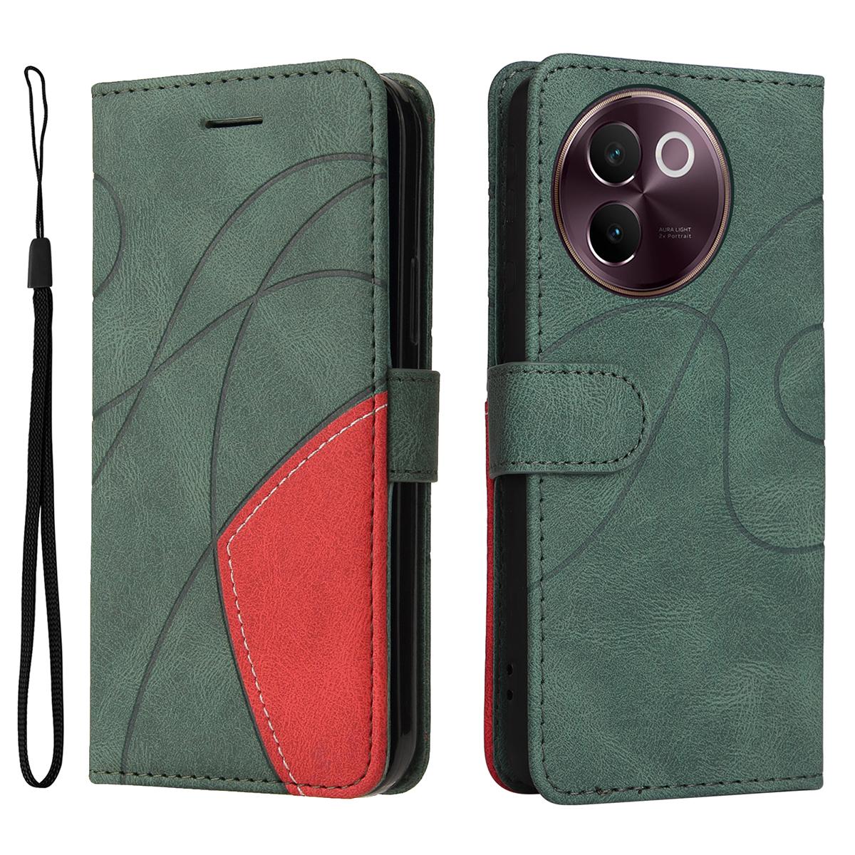 

For vivo V40 Lite 5G/vivo V30e 5G Leather Phone Case Stand Wallet with Bi-colour Splicing Design Green