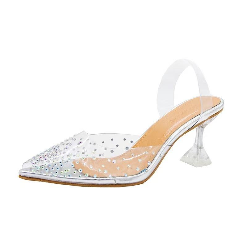 Europäische und amerikanische Übergröße transparente High-Heel-Sandalen Damen Sommer High-Heel Ein-Wort Strass Fischmaulschuhe dünner High-Heel