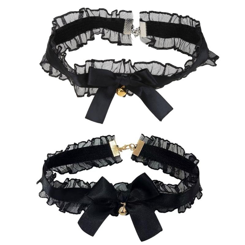 Lace Bowkot Choker Necklace with Bells Vintage Choker Short Chain Necklace