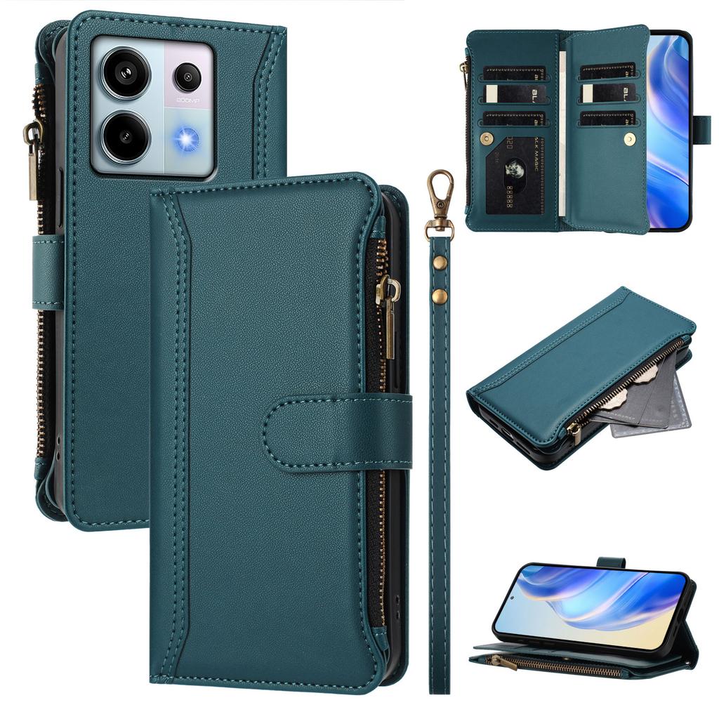 For Xiaomi Poco X6 5G/Xiaomi Redmi Note 13 Pro 5G Leather Case 9 Card Slots Zipper Wallet Stand Phone Cover with Wrist Strap