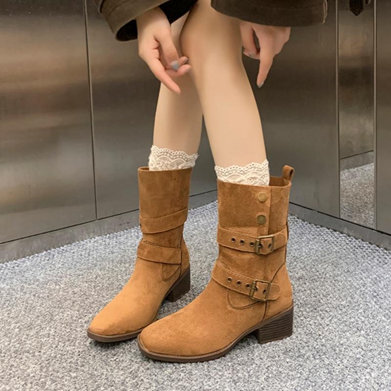 Winter Comfortable/Non Slip Large Thick Heel Midsole Boots Fashion New Round Head Double Buckle Elegant Casual Boots For Women