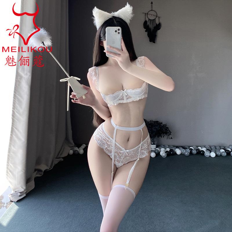 Erotic underwear summer European and American sexy three-point private room lace bra passion free set