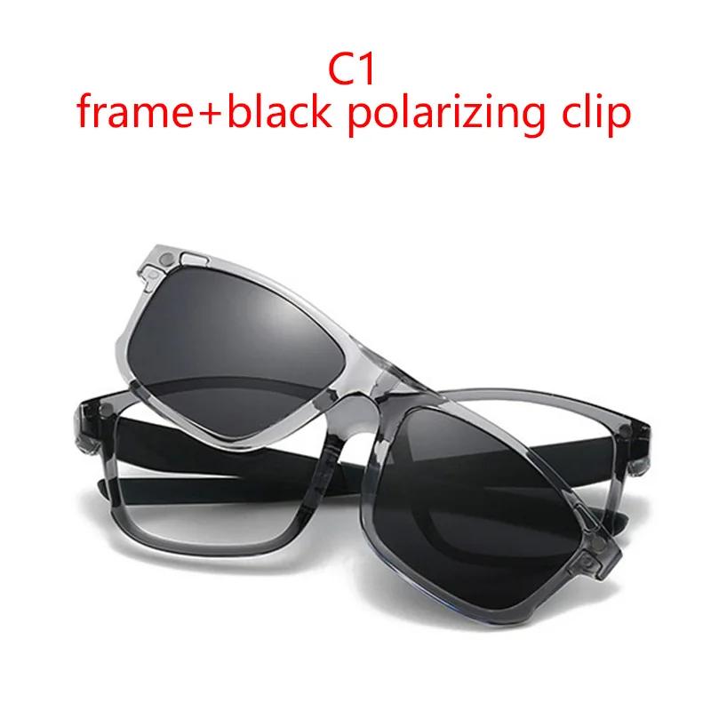 Polarized Black clip Sunglasses For Men UV Protection Retro Square Full Transparent Grey Frame Magnetic Sunglasses