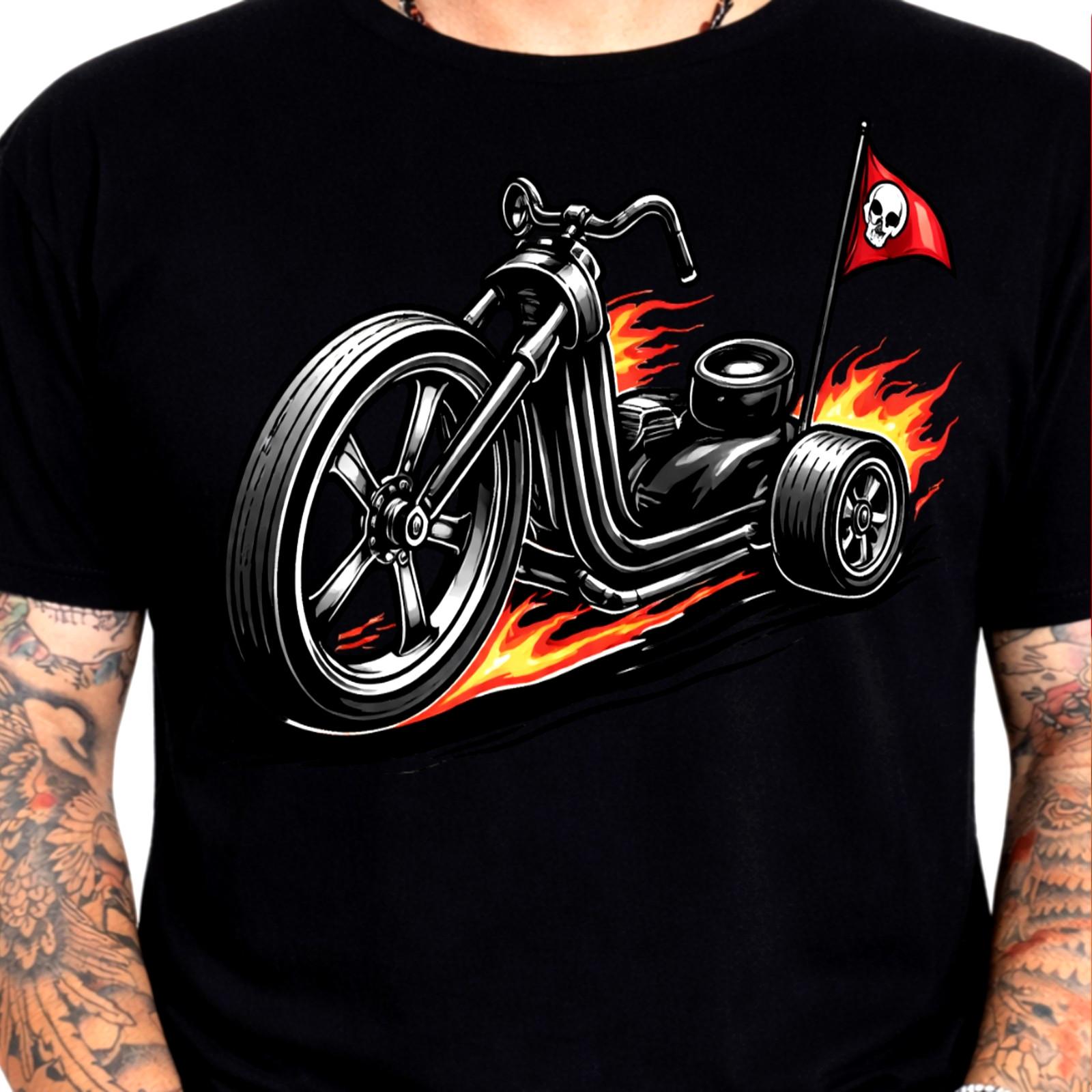 Motorcycle Biker T Shirt Flaming Trike Skull Chopper Rider Black Tee Fire Gift S разноцветный