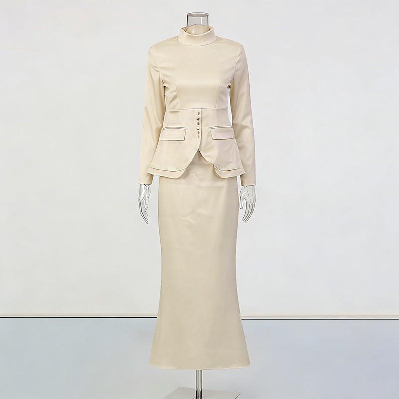 

Light Mature Royal Style Suit High-neck Waist Long-sleeved Top + High-waist Hip Fish Tail Skirt Two-piece Set M