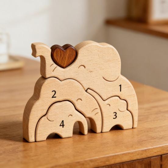 Holz Elefantenfamilie Puzzle Personalisiert 2/3/4/5 Familiennamen Elefanten Skulptur für Einweihungsdekor Weihnachten Muttertag Vatertag Geschenke
