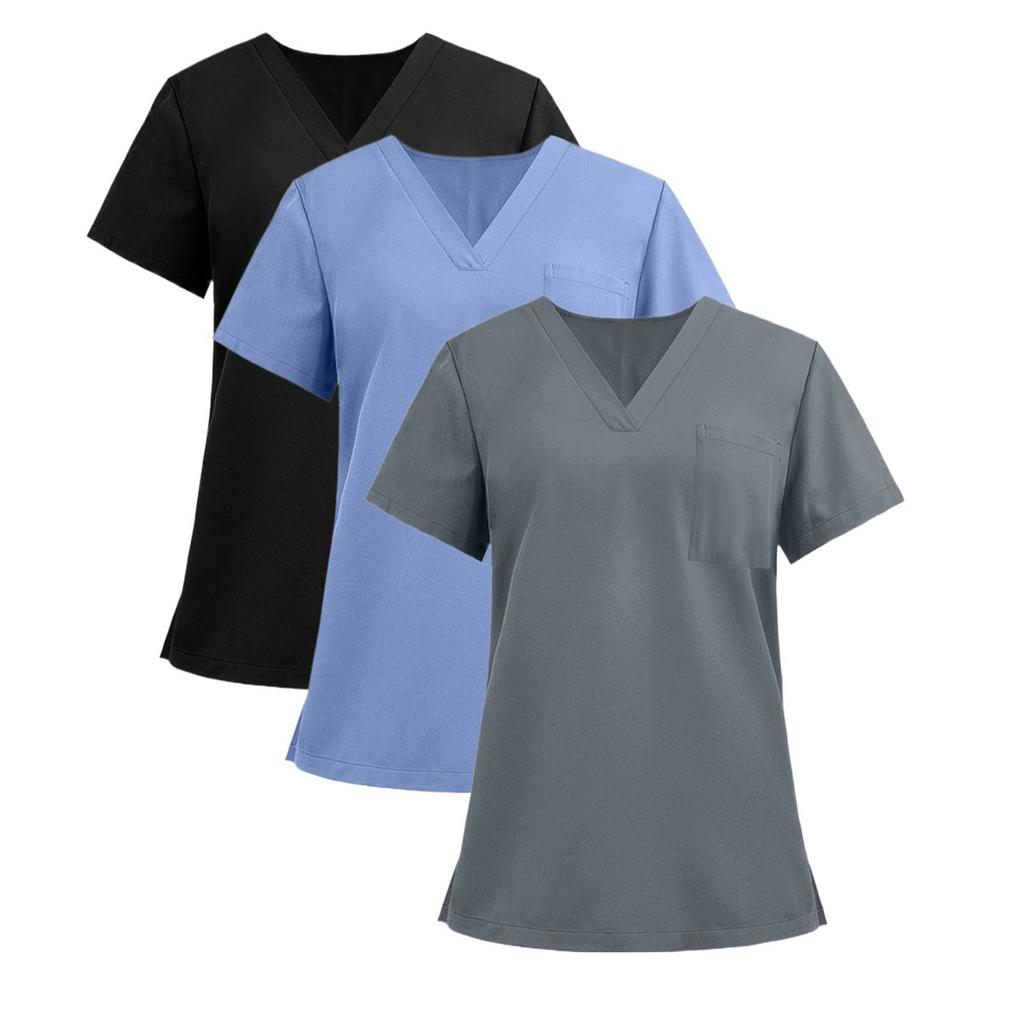 3PC Women's Fashion Solid Short Sleeve V Neck Pattern Tops Pocket Working T-shirts