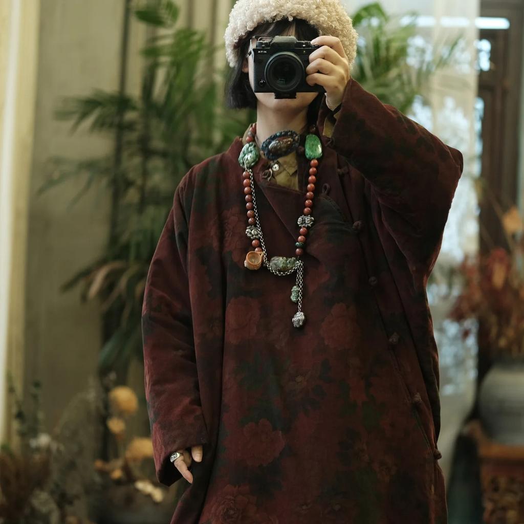 Johnature Women Print Floral Parkas Winter Vintage Coats Warm Long Sleeve Chinese Style Button Female Coats